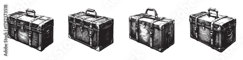 Vintage black and white travel trunks, showcasing intricate detailing and rugged charm.