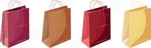 set of classic bags with handles for takeout or boutiques in different colors, for social media or promotional materials on the theme of shopping