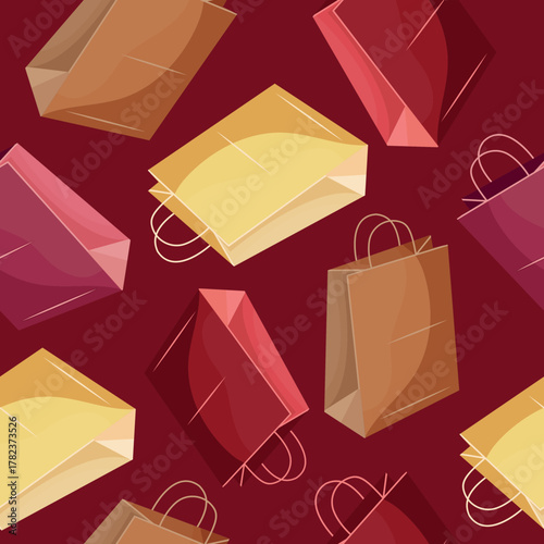 seamless pattern with classic bags with handles for takeaway or boutiques in different colors on a dark red background, for social media or promotional materials on the theme of shopping