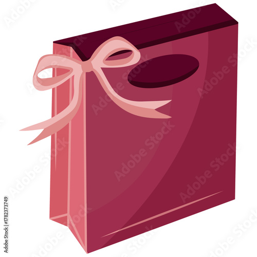 icon of a paper bag with a handle cutout, often for small items in pink and with a bow on the side, for social media or promotional materials on the theme of shopping