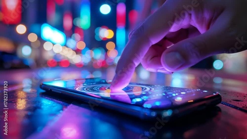 Futuristic Cityscape Reflection on Mobile Device with Finger Touch Interaction