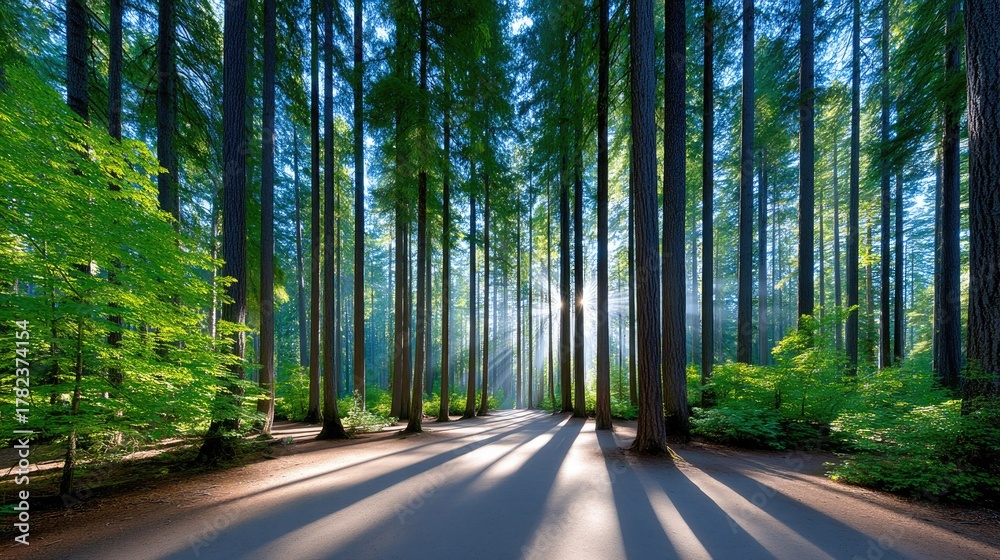 Fototapeta premium Sunlight streams through a dense forest of tall green trees creating long shadows on a dirt path in a natural landscape