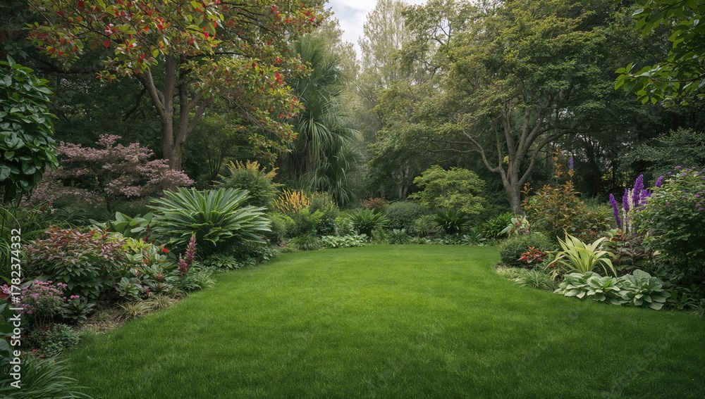 Obraz premium Lush green backyard featuring cicak amidst flowering plants, ideal for seasonal relaxation