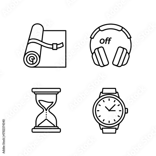 Iconic symbols representing digital detox with yoga mat, headphones, hourglass, and watch  
