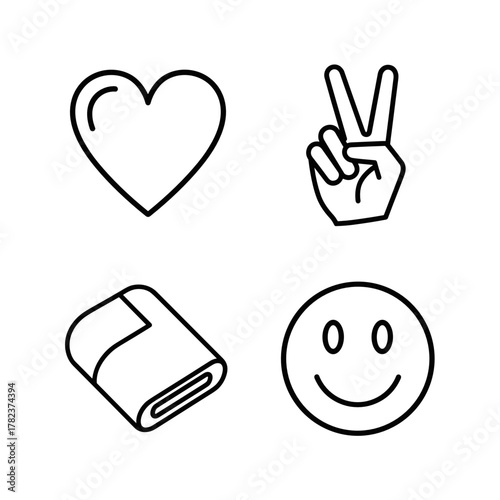 Heart symbol, peace sign, smiley face, and blanket icons for digital detox  