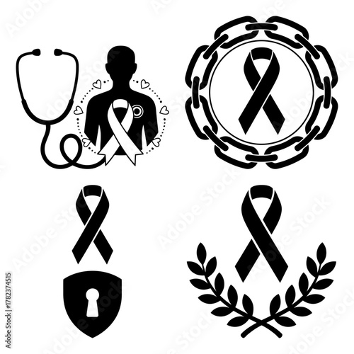 Set of black ribbon symbol designs for various awareness campaigns