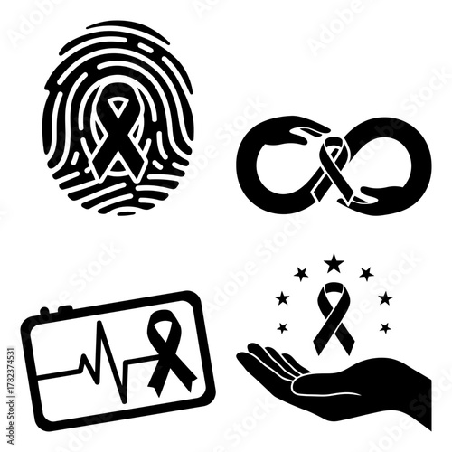 Collection of black awareness ribbon icons representing various causes