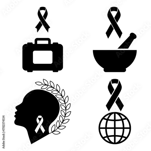 Collection of black awareness ribbon icons representing various causes