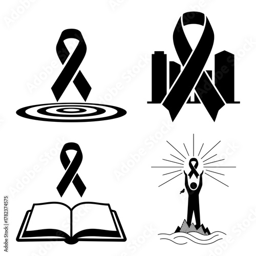 Collection of black ribbon symbols for mourning, awareness, and support