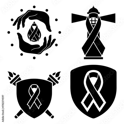 Collection of black ribbon icons for support, awareness, and remembrance