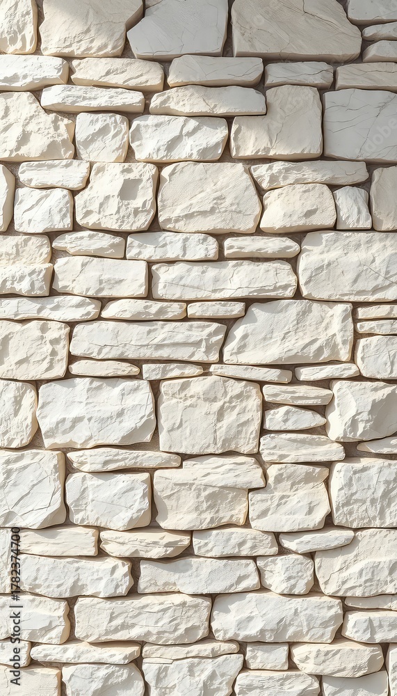 Fototapeta premium Light Cream Colored Stacked Stone Wall With Varying Sizes and Shapes Creating an Architectural Textured Background