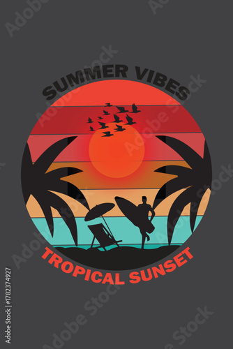 Bring the warmth of paradise wherever you go with our Summer Vibes Tropical Sunset T-Shirt. This design captures the essence of a perfect beach evening — glowing sun setting over calm waves, 