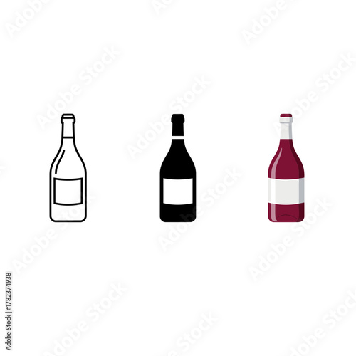 Vector illustration set of a wine bottle with a label in outline, solid black, and colored design, ideal for beverage, restaurant, and liquor industry themes.