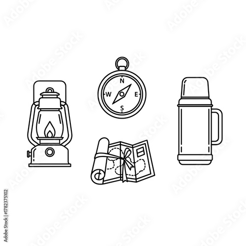 Camping essentials including lantern, compass, map and thermos on white background  for digital detox