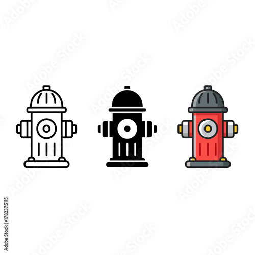 Set of vector icons illustrating a street fire hydrant in outline, solid black, and colorful versions, ideal for safety, emergency, and urban infrastructure themes.