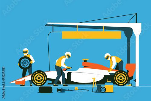Motorsports pit stop vector artwork depicting racing car and crew in chaotic, high-energy auto repair scene, ideal for racing illustrations, posters, and motor sport graphics.