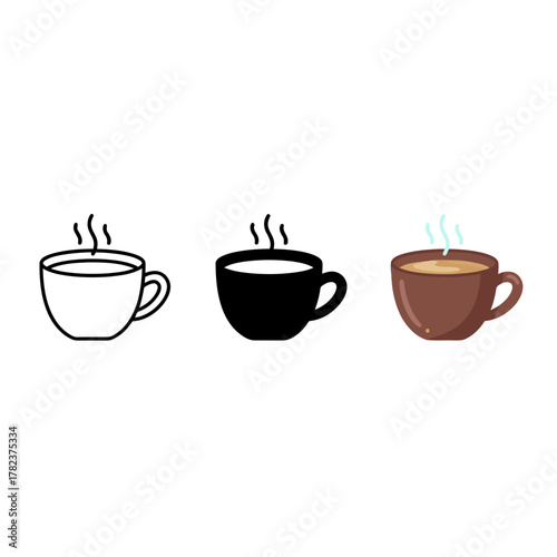 Vector set of hot coffee or tea cup icons in outline, solid black, and colored cartoon styles, perfect for breakfast, cafe, beverage, and morning themes.