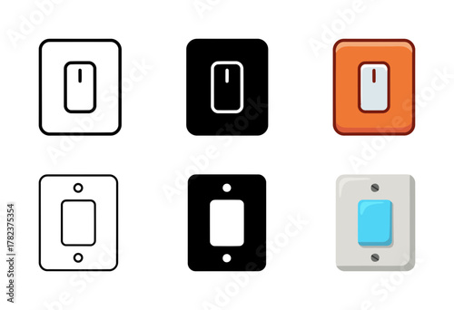 Collection of vector icons illustrating various styles of light switches in line, solid black, and colored cartoon versions, suitable for electrical, home, and control concepts.