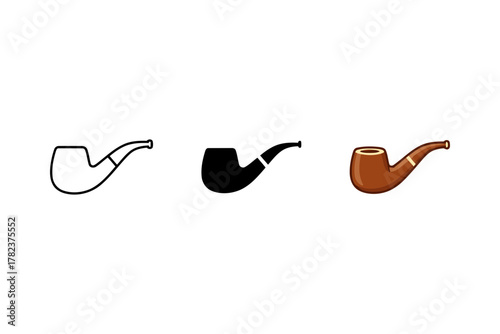 Set of vector illustrations depicting a classic wooden smoking pipe in line, solid black, and colored cartoon styles, representing hobby, relaxation, and vintage culture.