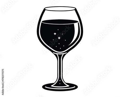 Elegant wine glass illustration in black and white with stars