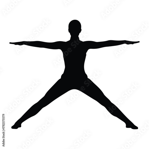 Silhouette of person in Warrior I yoga pose Keywords: yoga, silhouette, warrior pose, fitness