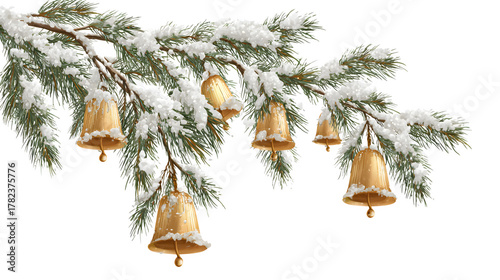 Christmas bells and snowy pine branches, isolated on transparent background