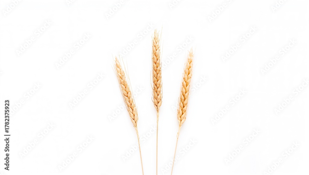 Naklejka premium Three single wheat spikelets on a white background, symbolizing agricultural abundance