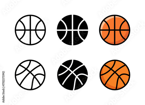 Basketball Sports Ball Icon Set: Outline, Solid Black, and Colorful Illustrations for Game, Competition, Athletic, and Leisure Design Concepts