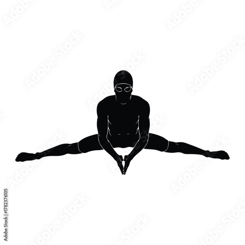 Silhouette of swimmer in split with hands clasped Keywords: swimmer, silhouette, water sport