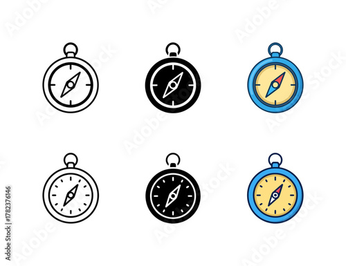 Navigation Compass Icon Set: Outline, Solid Black, and Colorful Cartoon Illustrations for Travel, Direction, Adventure, Exploration, and Guidance