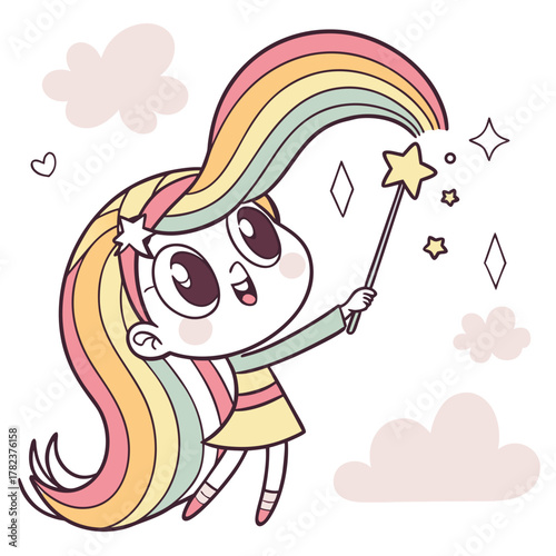 Cartoon vector illustration of a little girl with a big lollipop, smiling with a heart, funny child art design