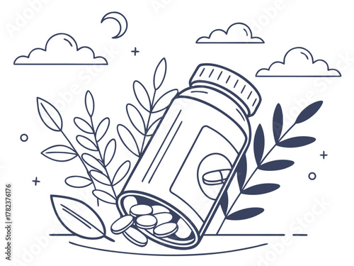 Natural remedies emerging from nature's embrace, a bottle of pills nestled among leaves under a crescent moon and clouds