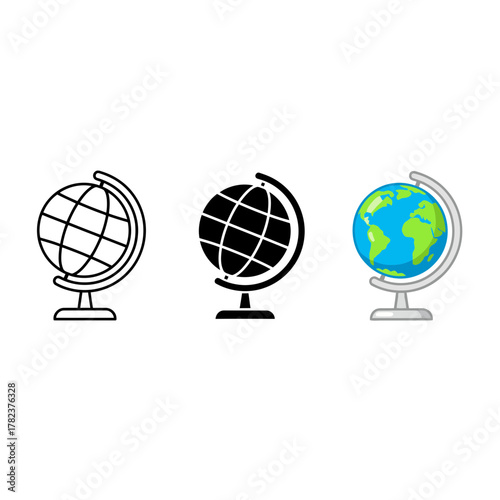 Terrestrial Globe Icon Set: Outline, Solid, and Color Vector Illustrations for World, Earth, Geography, Travel, and Education Themes