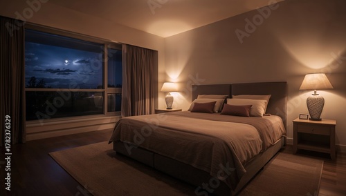 A nighttime bedroom featuri...