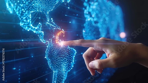 Digital Finger Touching Data Globe: High-Tech Visualization and Interactive Technology Concept