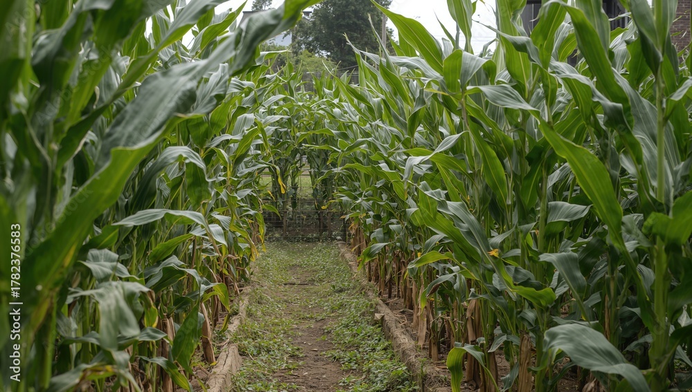Obraz premium Organic community vegetable garden featuring corn plants, summer growth in urban farming setting