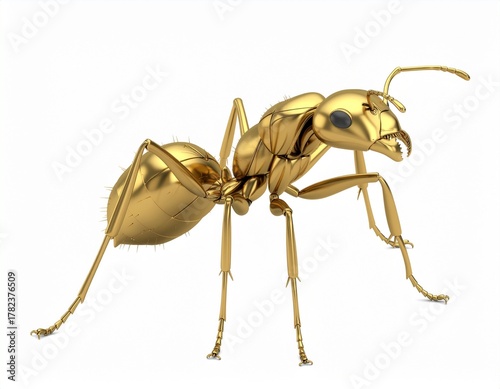 Stylized Gold Sitting Ant 3D Sculpture Isolated on White Background