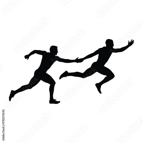 Silhouette of two runners passing a baton in a relay race