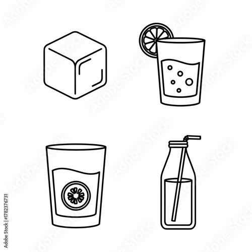 Beverage icons including ice cube, fizzy drink, water with lemon and smoothie concept of hydration  