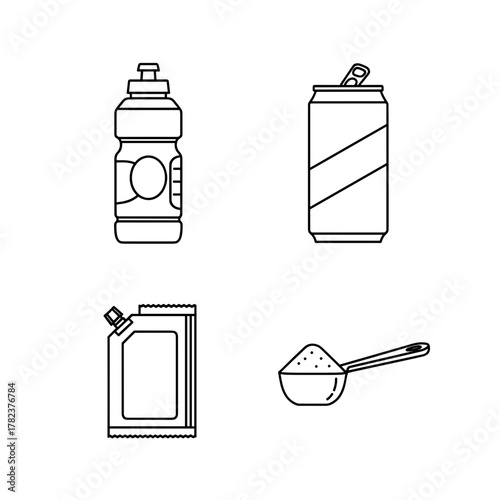 Various beverage containers including sports bottle and measuring scoop  
