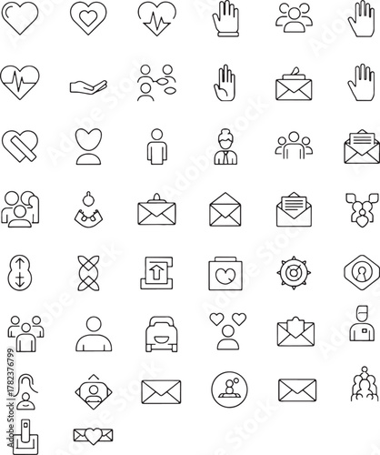 Collection of handdrawn icons for love, communication, and relationships
