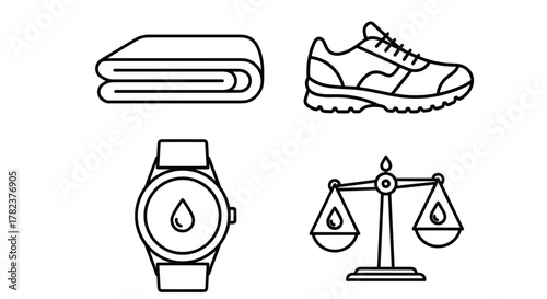 Exercise gear including towel, sneakers, watch, and scales for hydration  