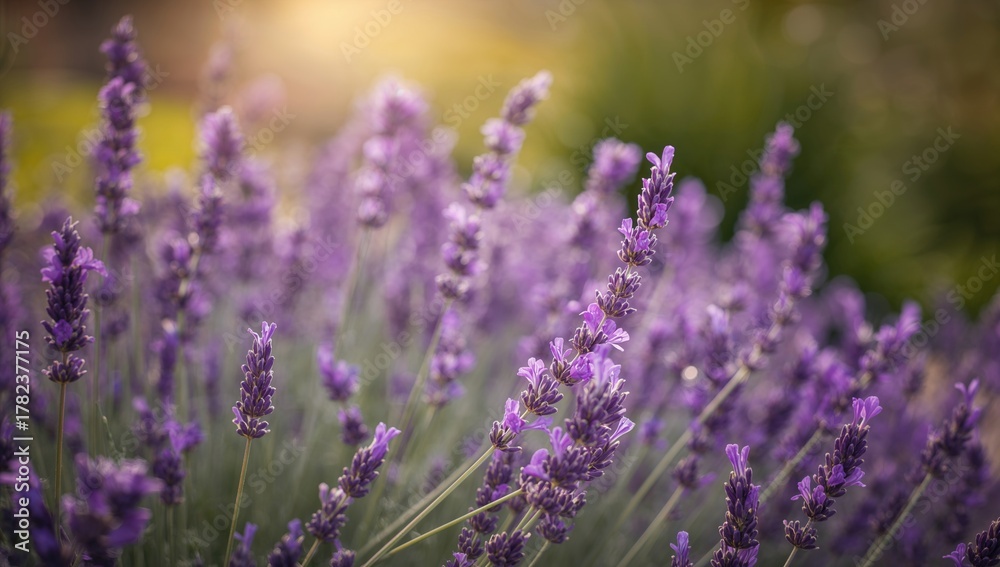 Fototapeta premium Blurry lavender flowers in a garden, suitable for a soft-focus background, Earth Day
