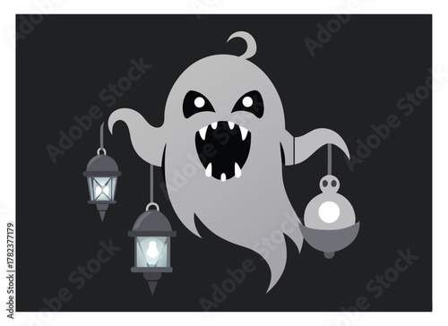 Spooky Halloween Ghost with Lanterns Illustration on Dark Background