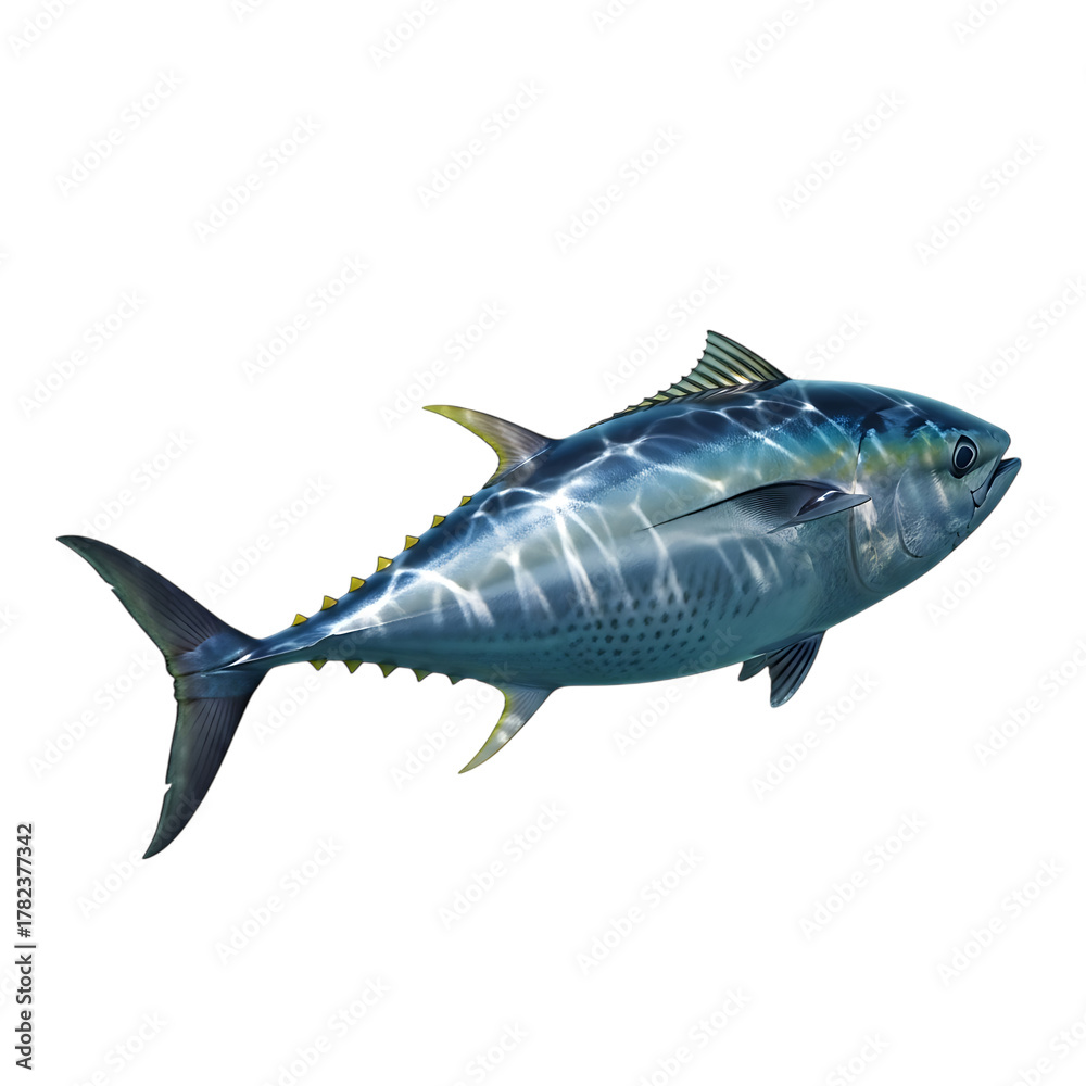 Naklejka premium A stunning yellowfin tuna, a large and powerful fish known for its streamlined body and vibrant colors, isolated on transparent background it is a prized catch