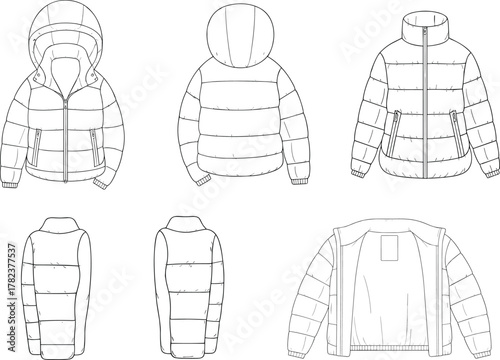 Down puffer jacket and vest technical flat fashion vector illustration with detachable hood front and back detailed winter outerwear design
