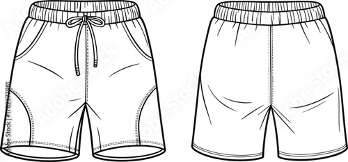 Men’s sports shorts technical flat vector illustration front and back view with drawstring waistband and curved side pocket design