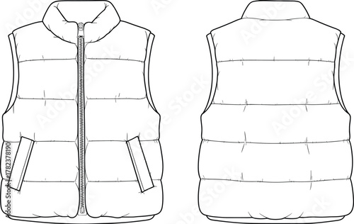 Puffer vest fashion flat sketch front and back technical drawing vector template for apparel design and garment illustration mockup