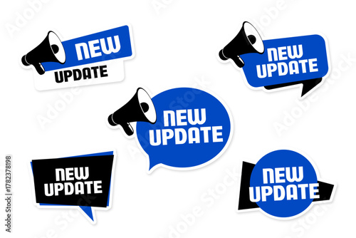Set of cool flat modern stickers in blue with black megaphone
