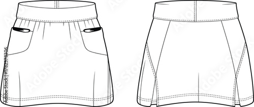 Sporty women’s skort technical flat fashion vector with side pockets waistband stitching and back seam design apparel template illustration